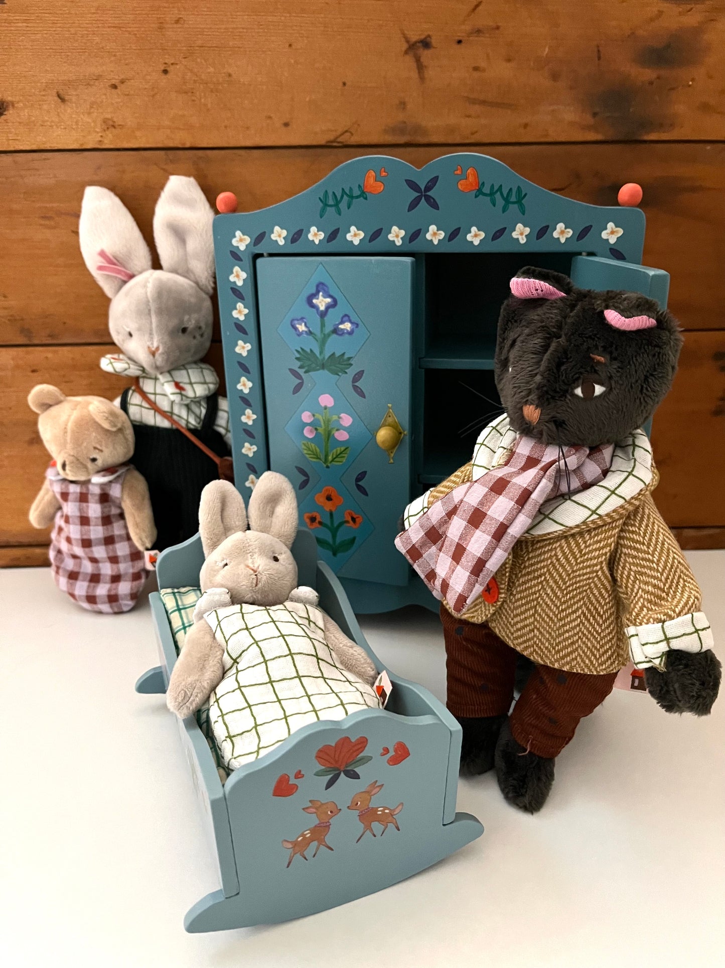 Doll Furniture - Les Minouchkas WOODEN WARDROBE, with 3 hangers