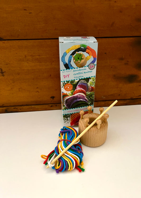 Crafting KNITTING MUSHROOM, Wooden Peg and Hook Kit by Fagus Germany, with multi-coloured Tricot Yarn!