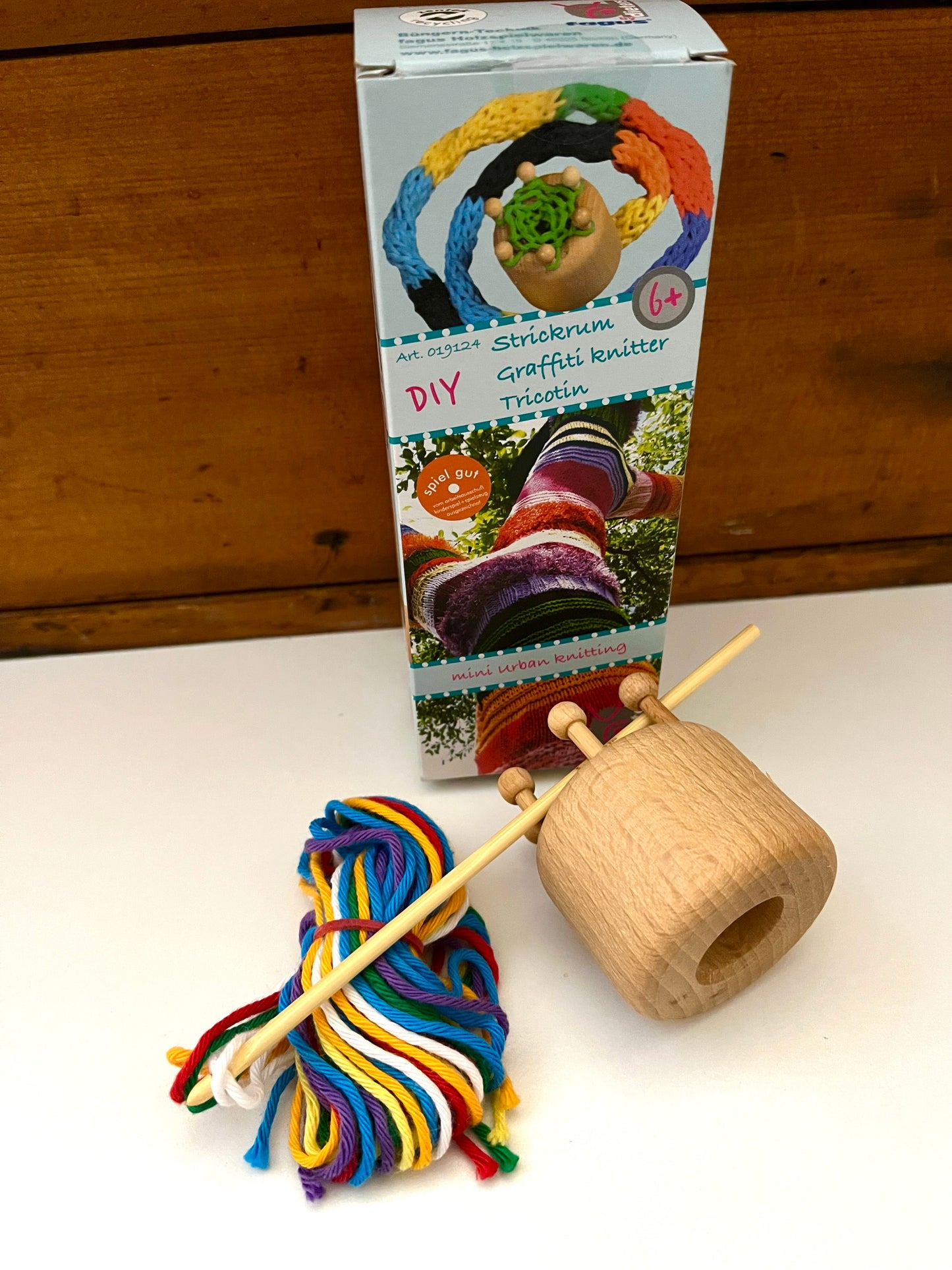 Crafting KNITTING MUSHROOM, Wooden Peg and Hook Kit by Fagus Germany, with multi-coloured Tricot Yarn!