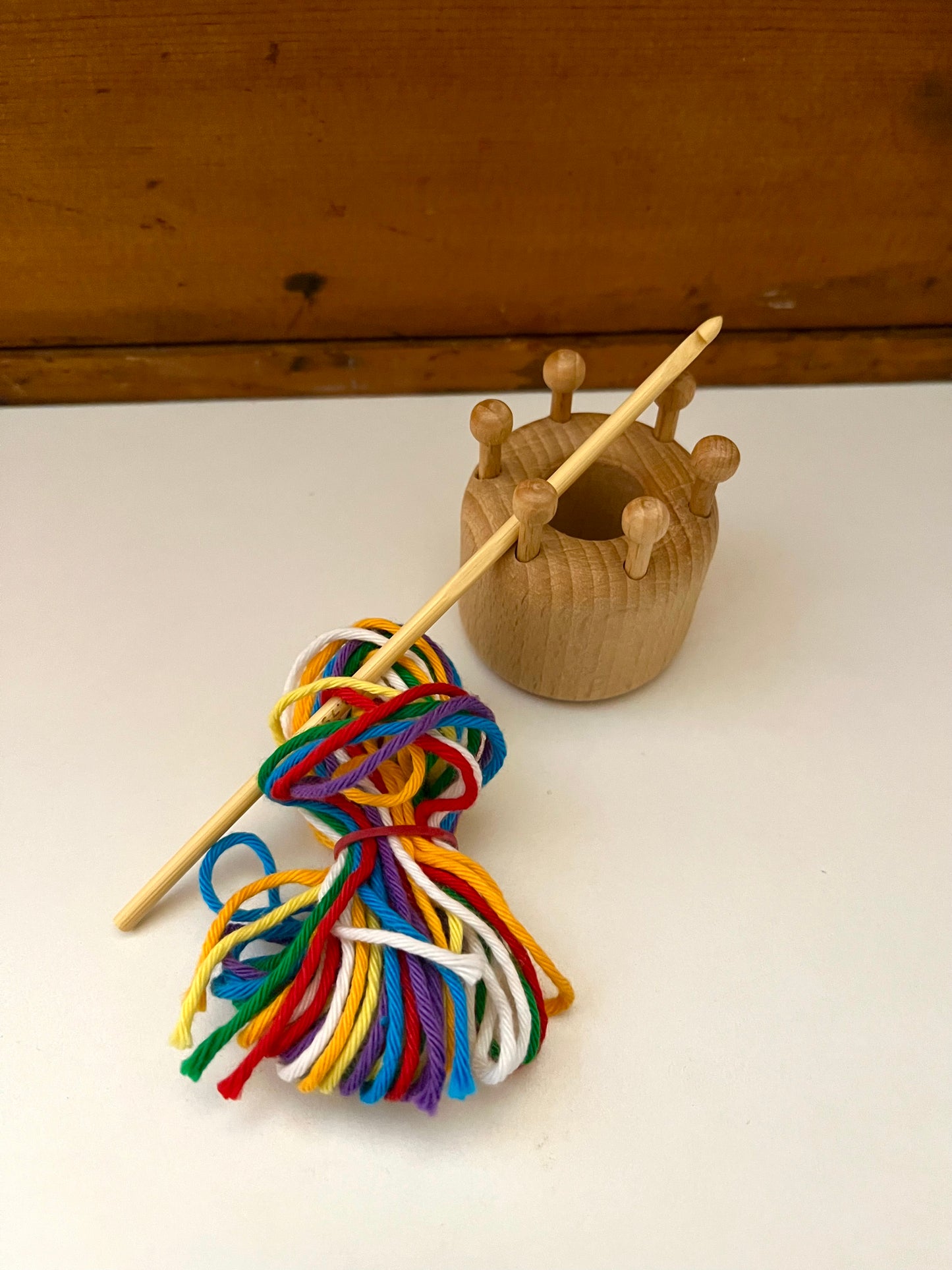 Crafting KNITTING MUSHROOM, Wooden Peg and Hook Kit by Fagus Germany, with multi-coloured Tricot Yarn!