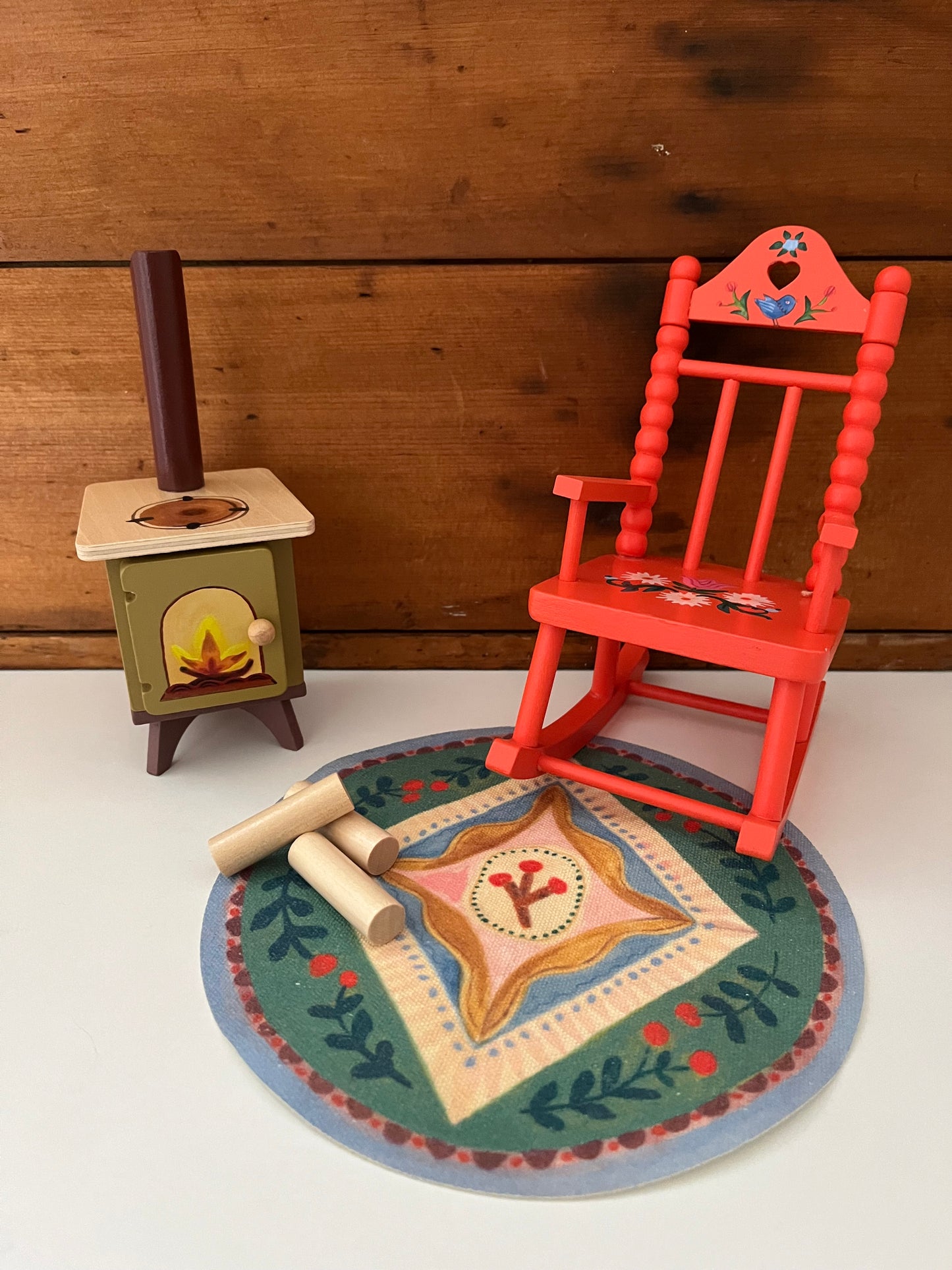 Doll Furniture - Les Minouchkas BY THE FIRE SIDE Set, with ROCKING CHAIR, 6 pieces!