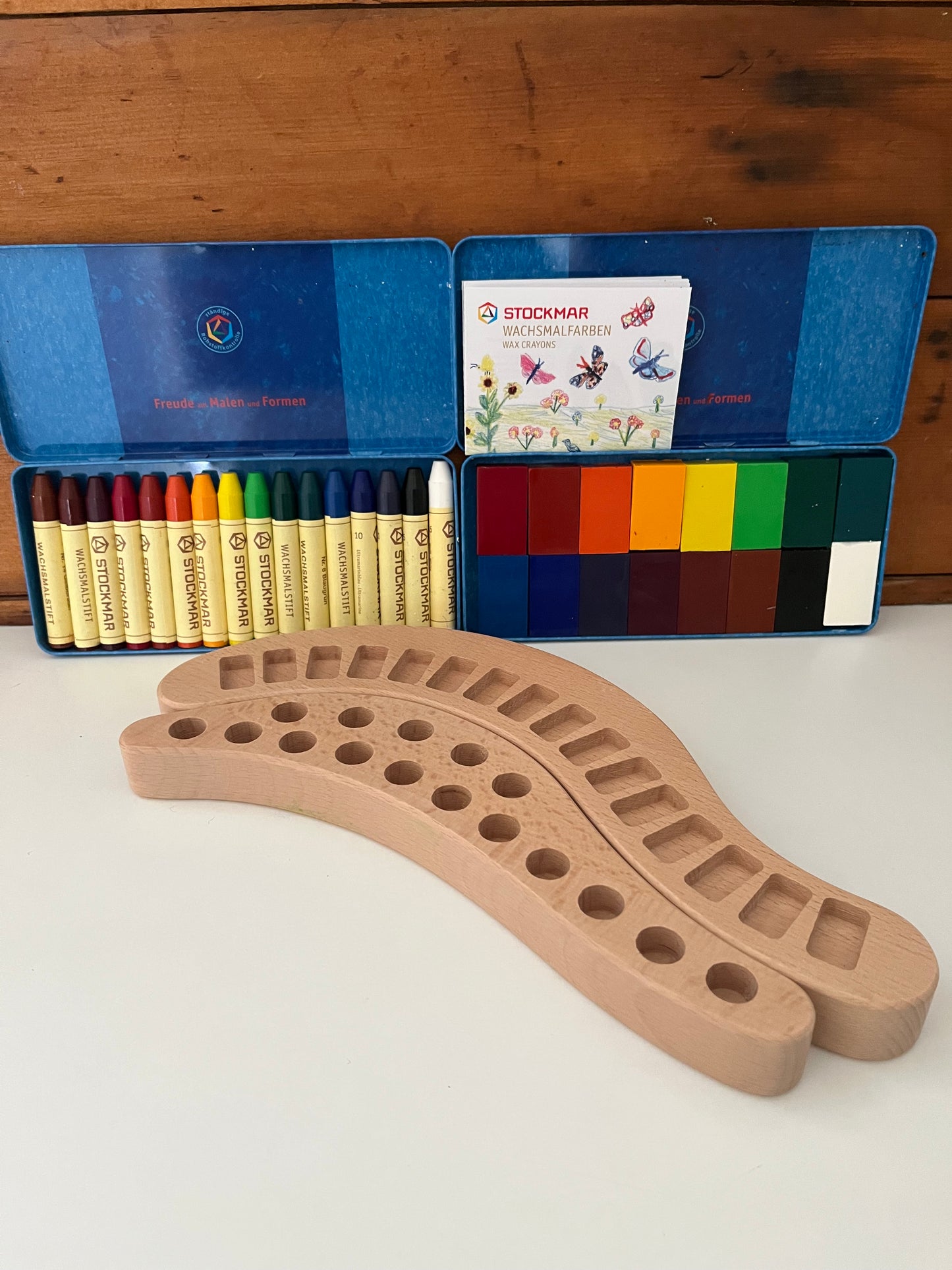 Wooden BEESWAX CRAYON HOLDER, for 16 crayons, 2 choices: 16 BLOCK Crayons OR, 16 STICK Crayons- Art