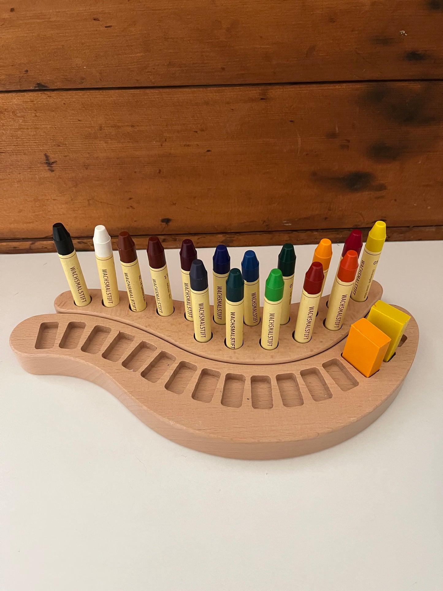 Wooden BEESWAX CRAYON HOLDER, for 16 crayons, 2 choices: 16 BLOCK Crayons OR, 16 STICK Crayons- Art