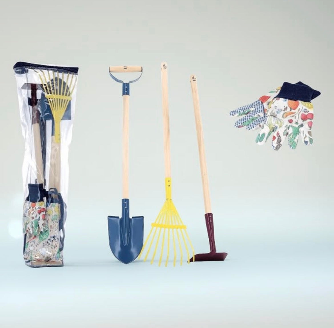 Child's GARDENING SET, 3 LONG- wood HANDLED Metal Tools