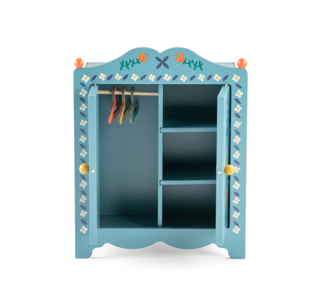 Doll Furniture - Les Minouchkas WOODEN WARDROBE, with 3 hangers