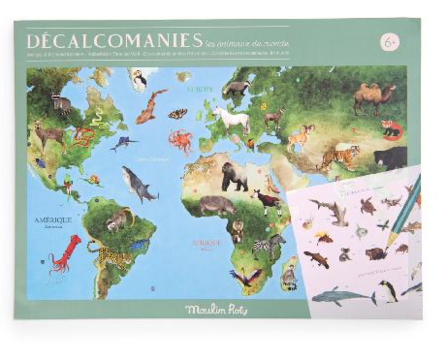 Educational Poster Set - MAP of ANIMALS OF THE WORLD, 107 animal transfers!