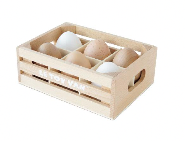 Kitchen Play Food - Wooden EGGS in a Wooden Crate, 6 eggs!