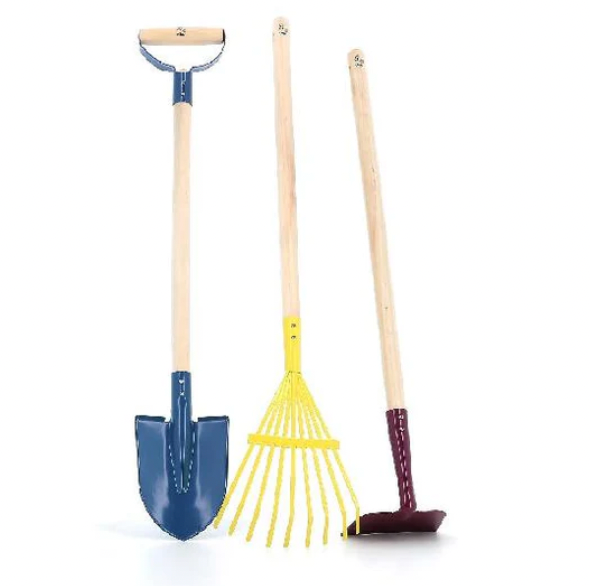 Child's GARDENING SET, 3 LONG- wood HANDLED Metal Tools