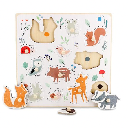 Puzzle, Baby - Wooden ANIMAL PEG PUZZLE, 12 woodland baby animals