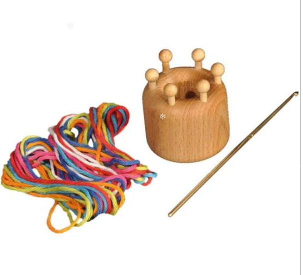 Crafting KNITTING MUSHROOM, Wooden Peg and Hook Kit by Fagus Germany, with multi-coloured Tricot Yarn!