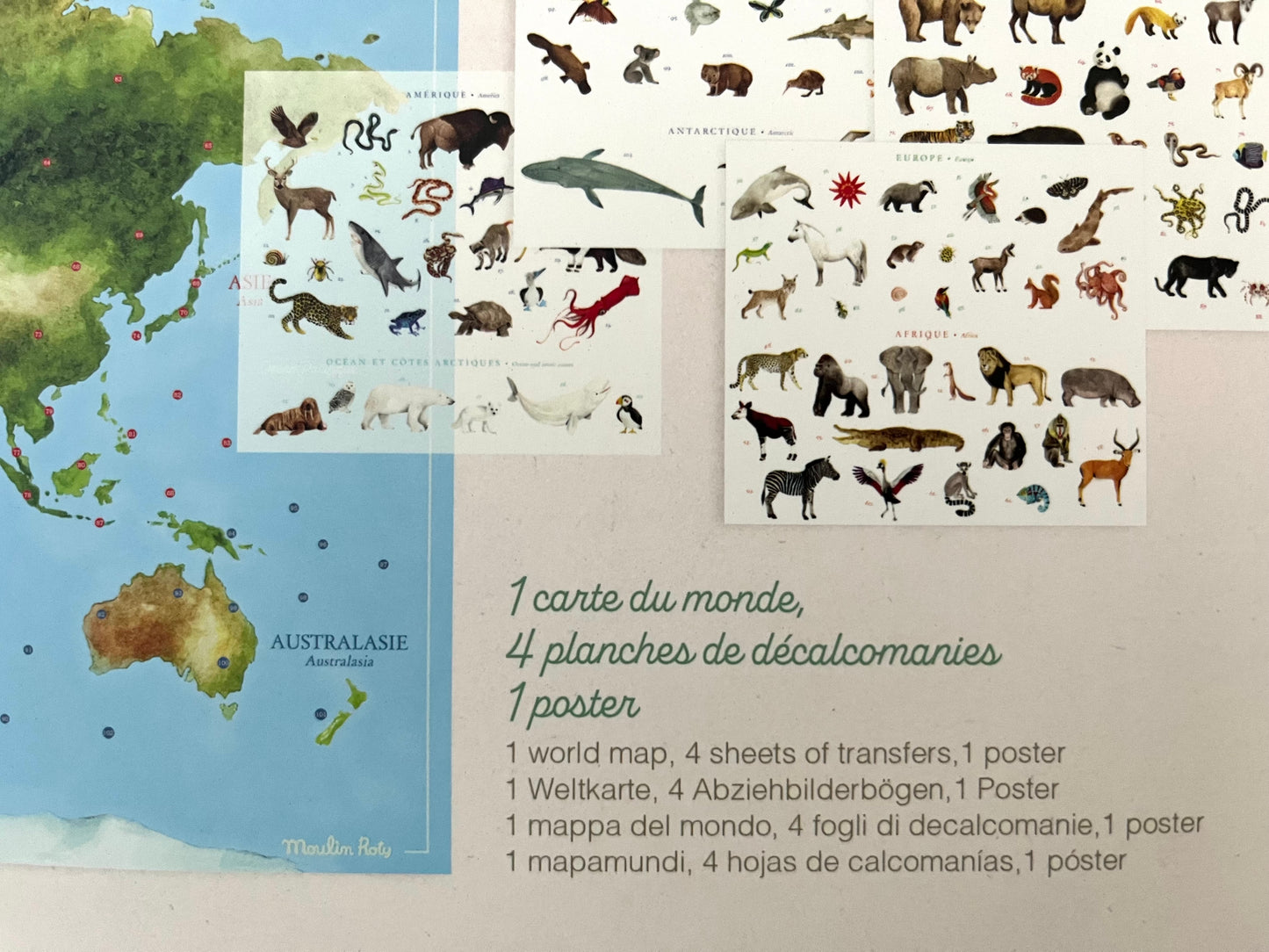 Coffret d'affiches pédagogiques - CARTE DES ANIMAUX DU MONDE, 107 transferts d'animaux !