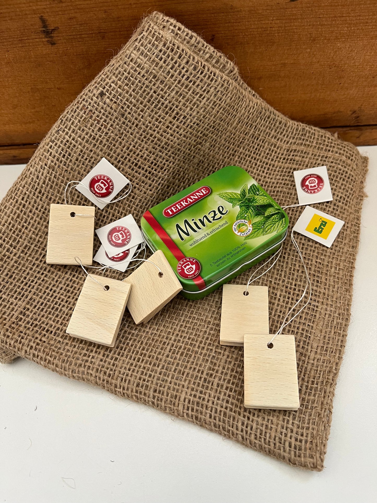 Kitchen Play Food - Wooden TEA BAGS in a Tin, 5 tea bags!