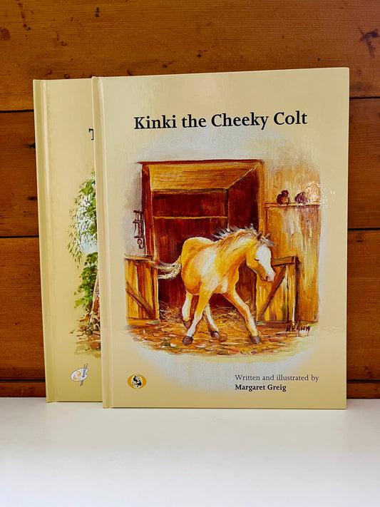 Livre d'images pour enfants - Artistes peignant la bouche et les pieds, 2 titres au choix : KINKI THE CHEEKY COLT. Les amis de la cabane dans les arbres d'Olivier.