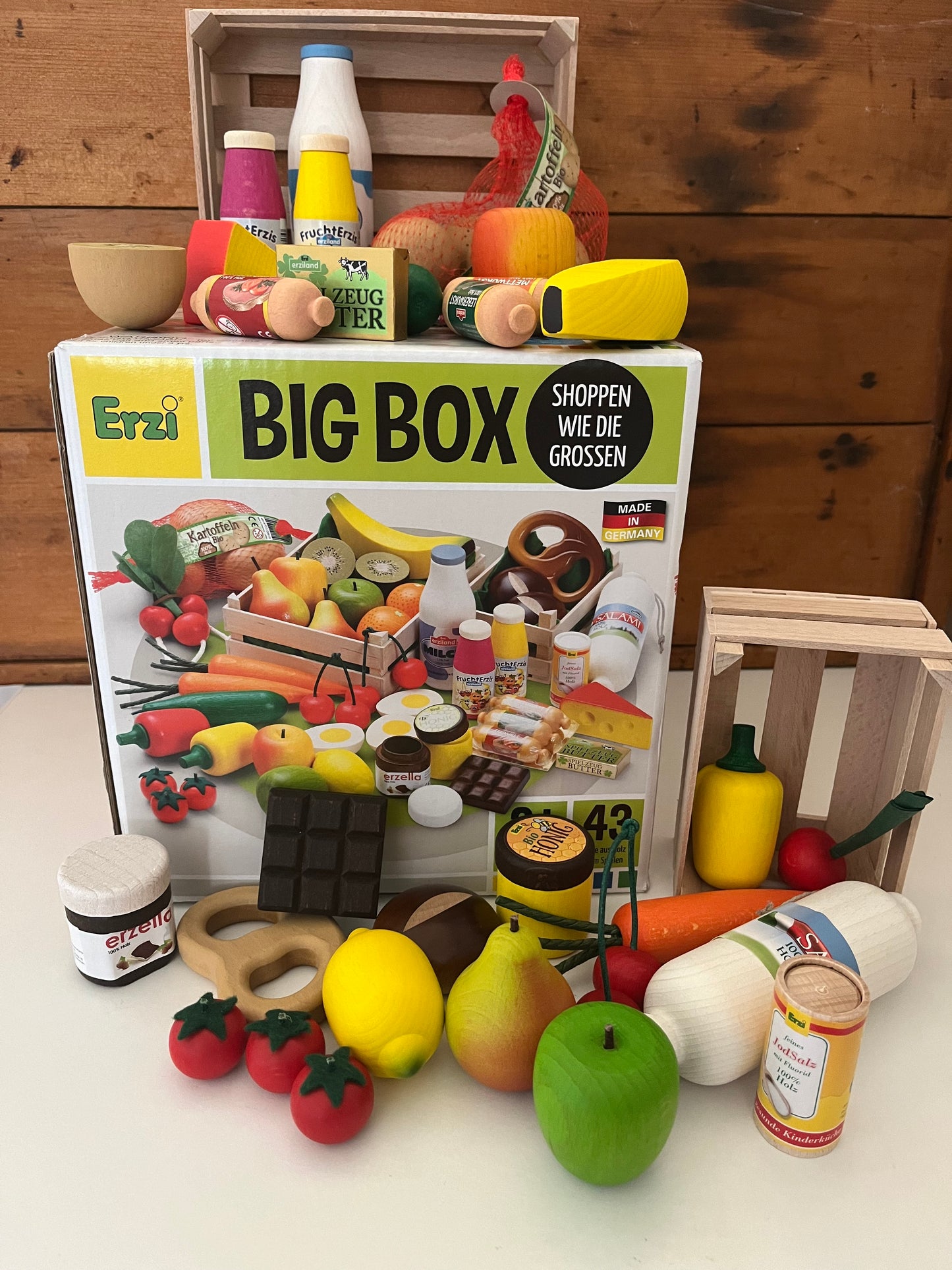 Kitchen Play Food - Wooden BOX OF GROCERIES: FRUIT, VEGGIES, DAIRY, 52 pieces!