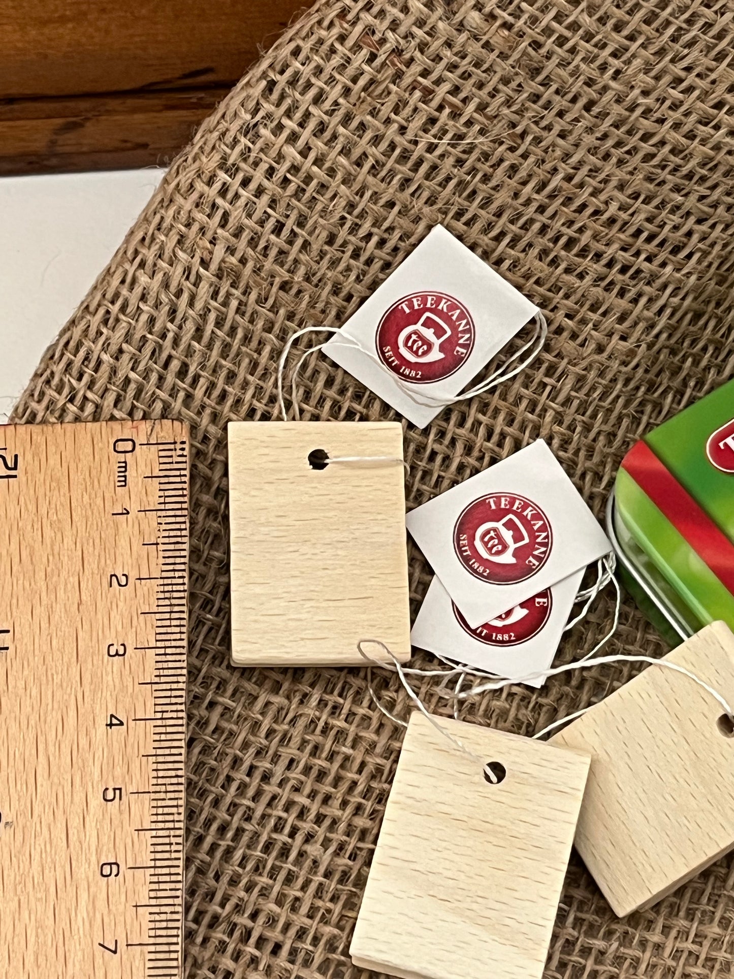 Kitchen Play Food - Wooden TEA BAGS in a Tin, 5 tea bags!