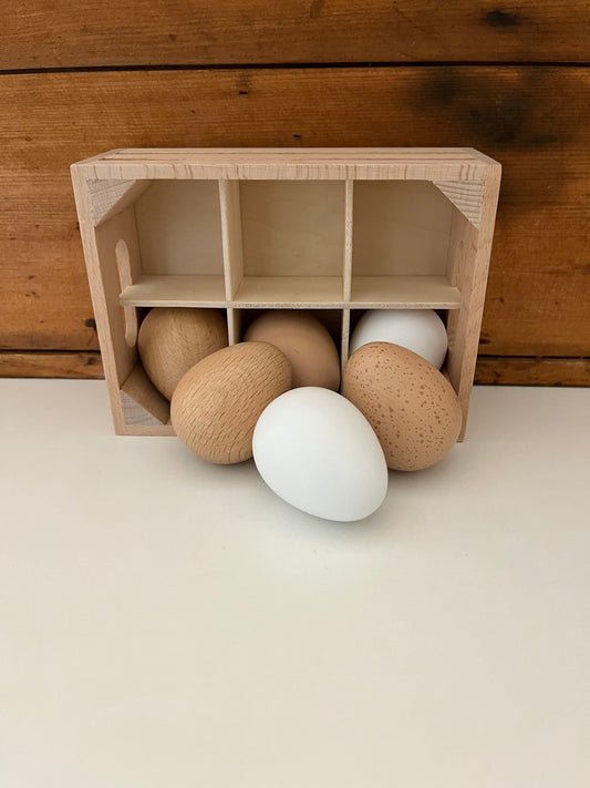 Kitchen Play Food - Wooden EGGS in a Wooden Crate, 6 eggs!