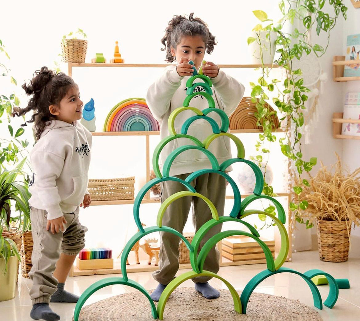Wooden Toy - GREEN RAINBOW TUNNEL, 2 choices, 12 pieces each!