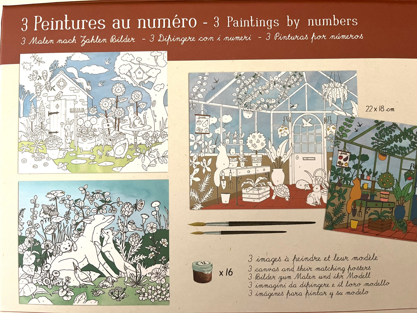 Art Activity Set - PAINT BY NUMBERS, IN THE GARDEN Scenes, 3 Paintings