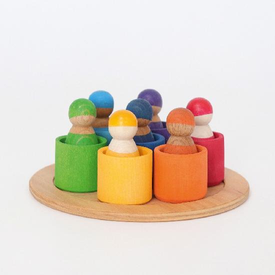 Wooden Toy - Grimm's RAINBOW FRIENDS in RAINBOW BOWLS, set of 7!