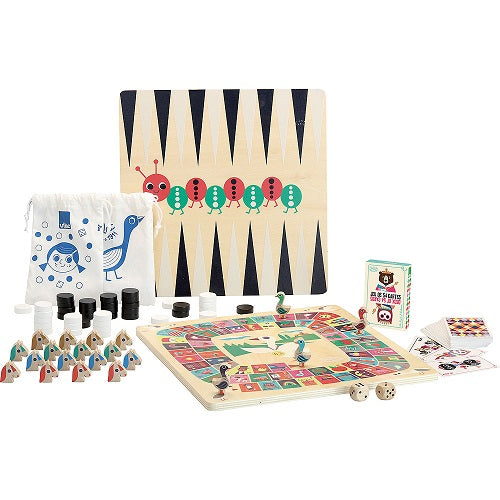 Family Classic Board Game Set - 2 WOODEN GAME BOARDS: SORRY/GOOSE GAME and CHECKERS/BACKGAMMON