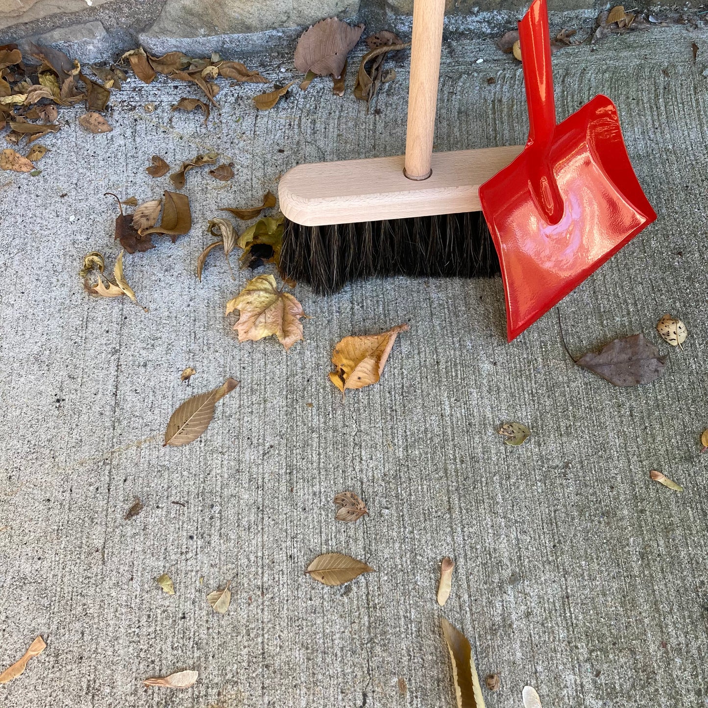 Child's WOODEN BROOM and Red Metal DUST PAN