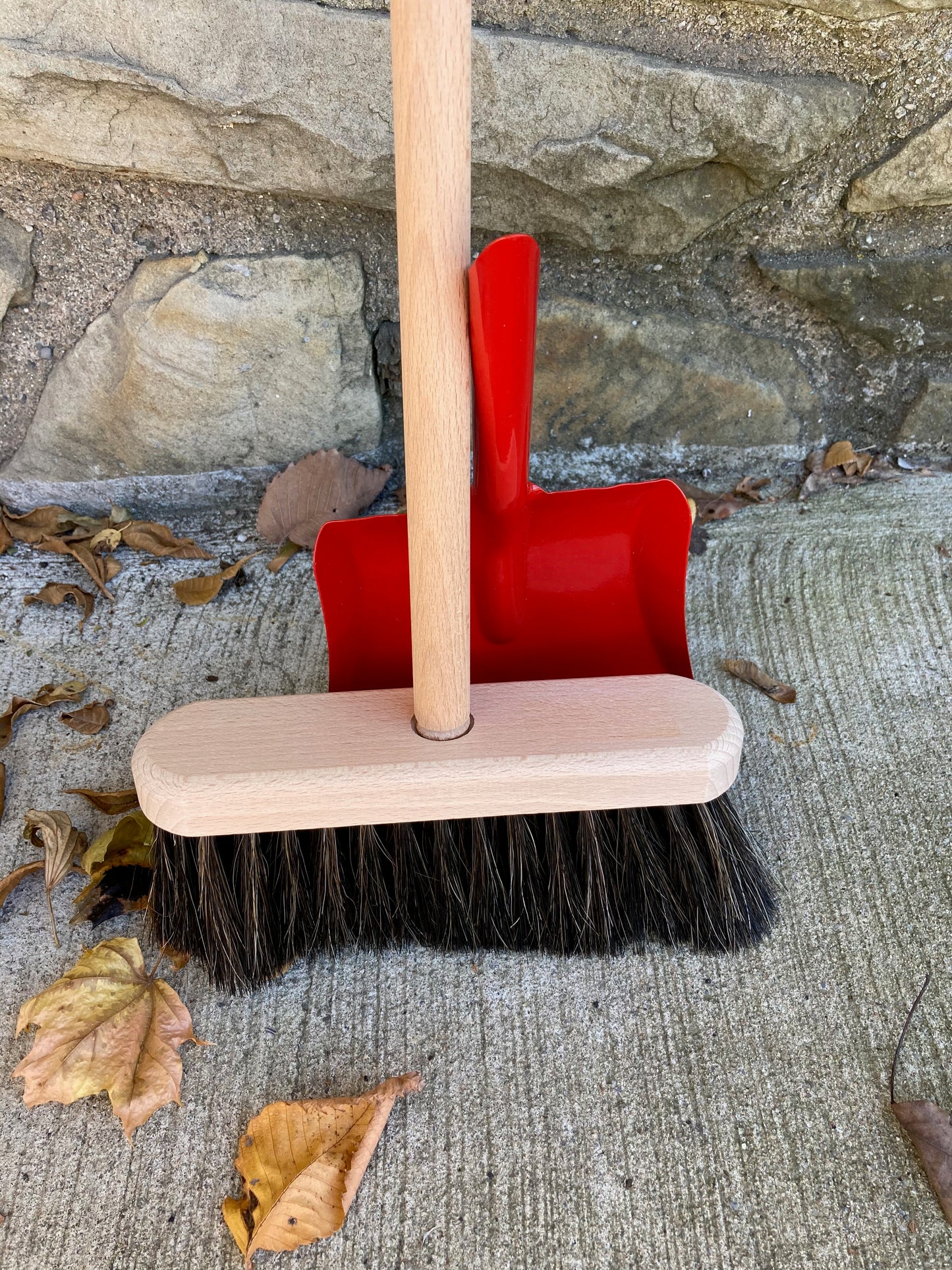 Child's WOODEN BROOM and Red Metal DUST PAN