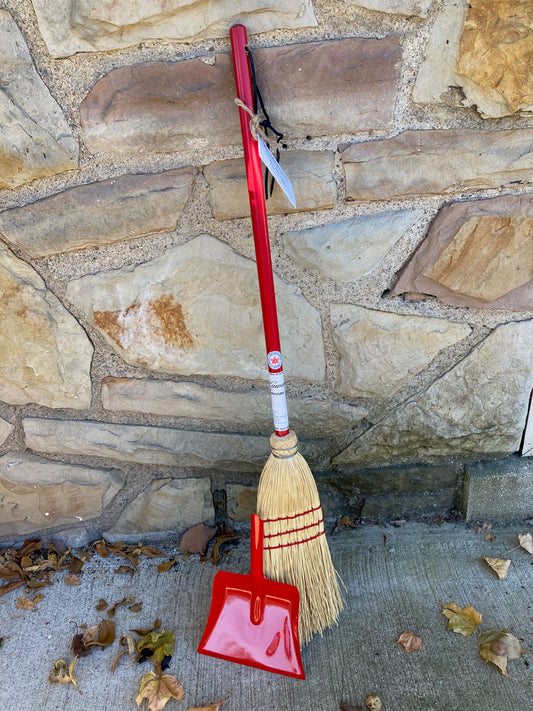 Child's Red WOODEN BROOM and Red Metal DUST PAN