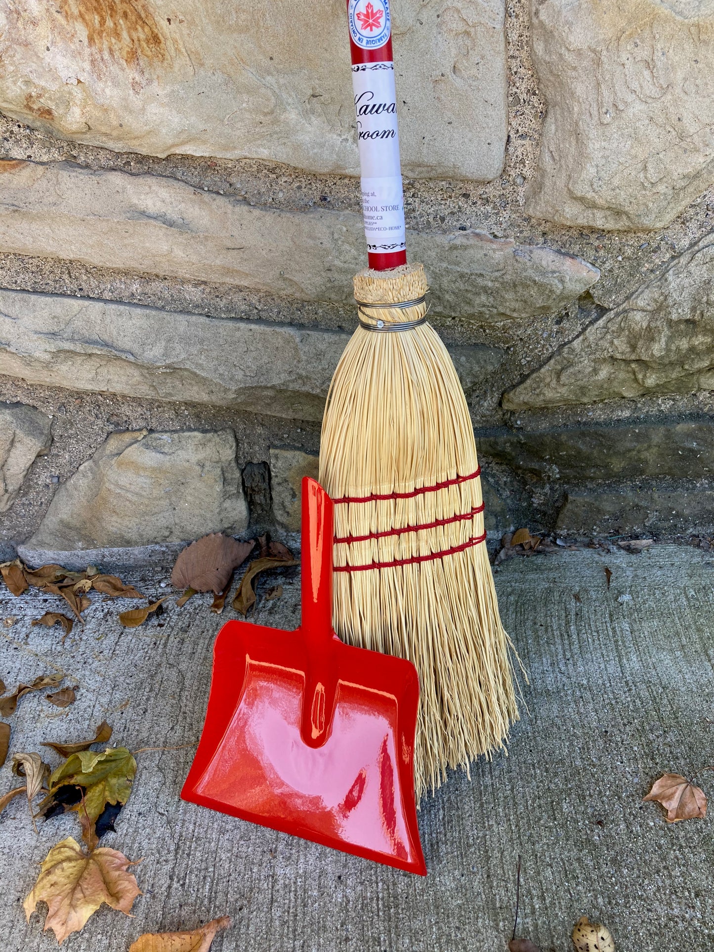Child's Red WOODEN BROOM and Red Metal DUST PAN
