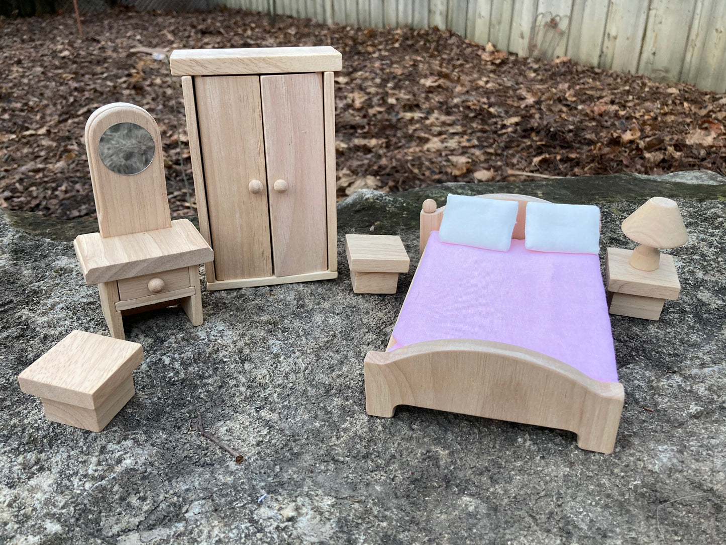 Wooden Dollhouse Furniture - BEDROOM, with Double Bed