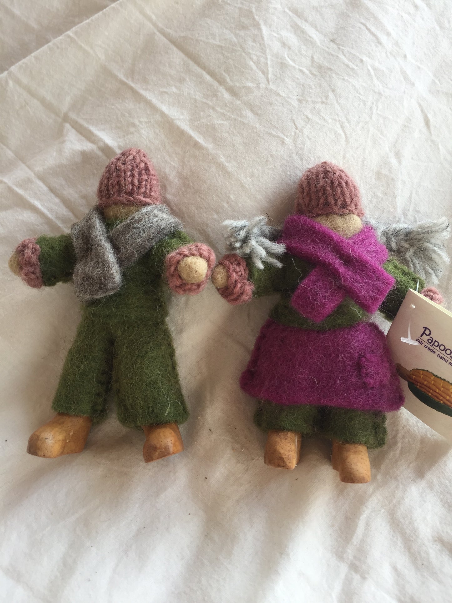 Dollhouse WOODLAND DOLLS with LODEN GREEN WOOL CLOTHING, 2 dolls!