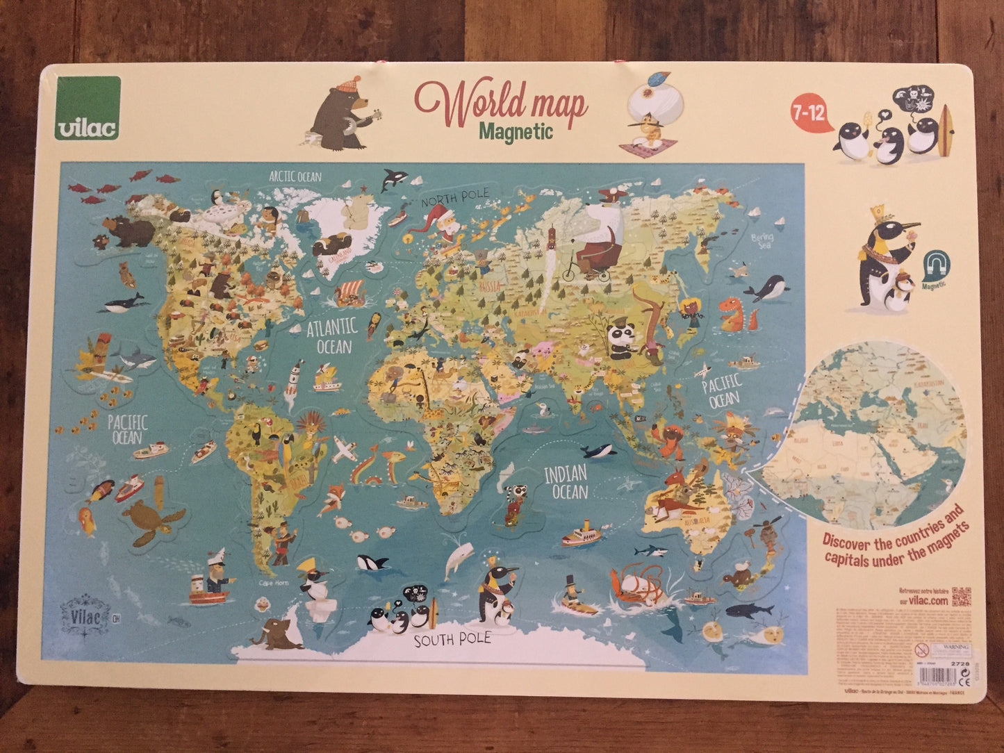 Educational WOODEN WORLD MAP - In French, or English