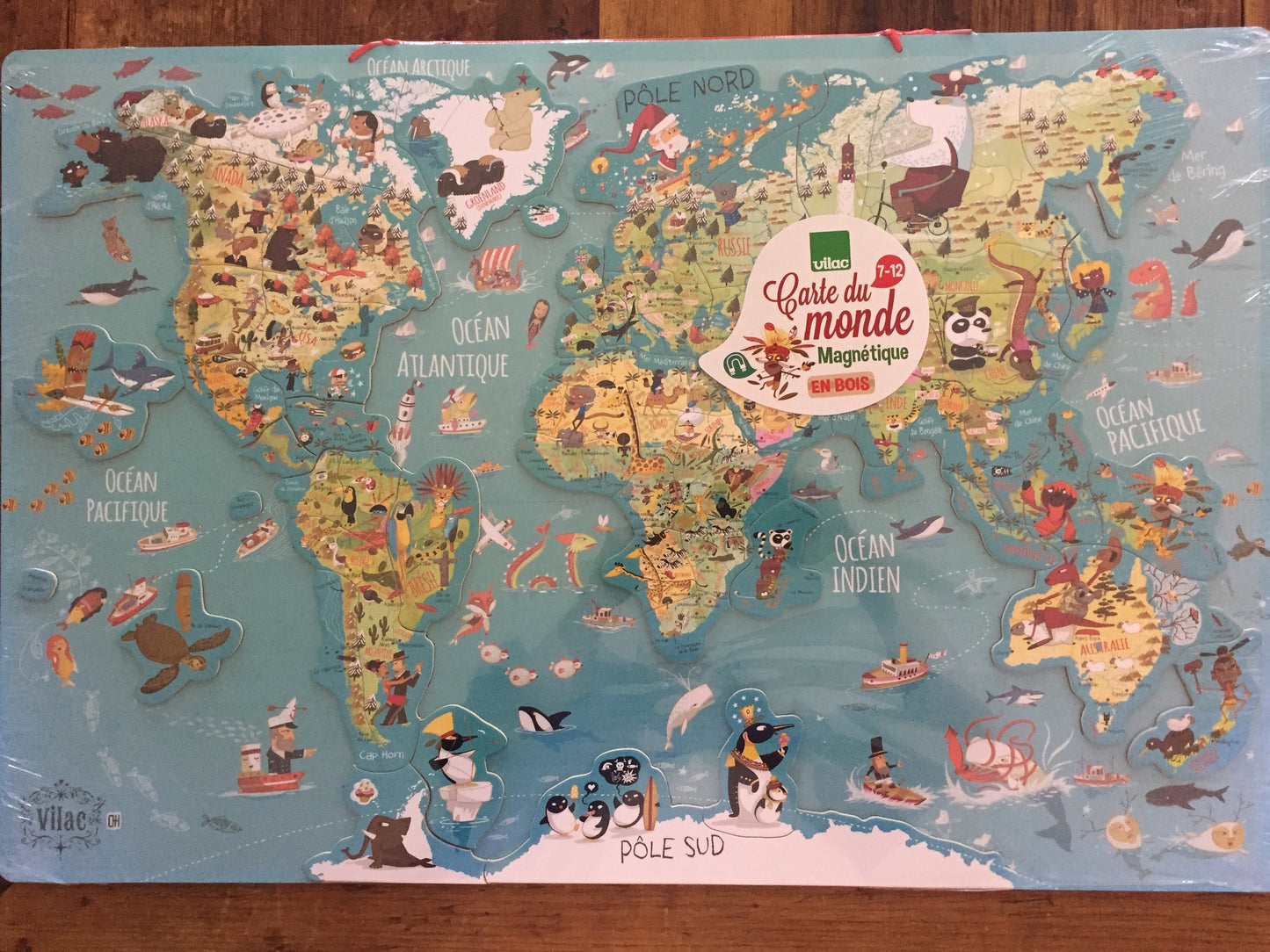 Educational WOODEN WORLD MAP - In French, or English