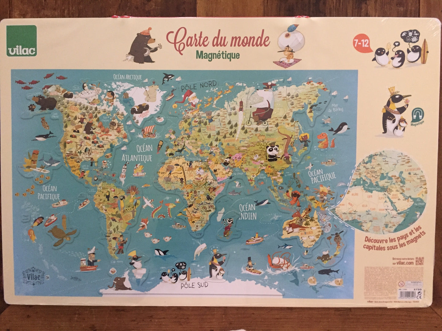 Educational WOODEN WORLD MAP - In French, or English