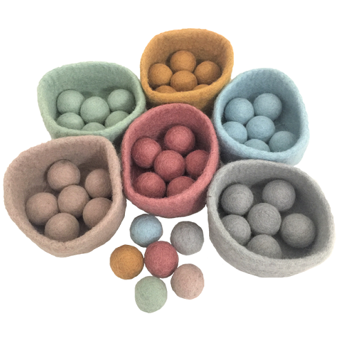 Felted Toys for Baby and Dollhouse Play Set - EARTH WOOL BALLS AND BOWLS, 48 pieces!