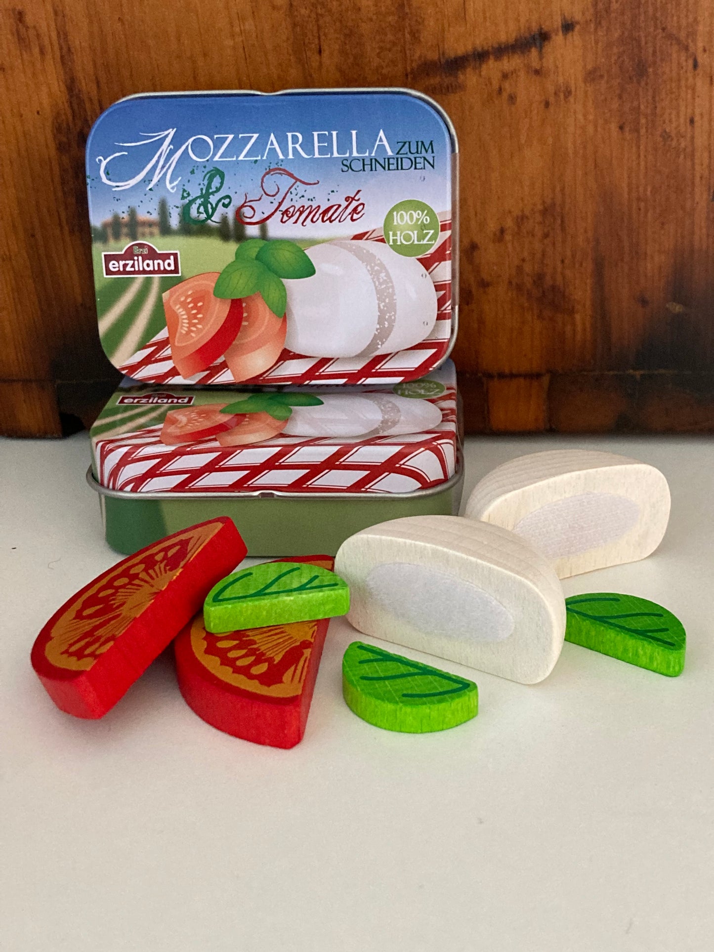 Cuisine Play Food - MOZARELLA en bois, FEUILLES DE BASILIC et TRANCHES DE TOMATE