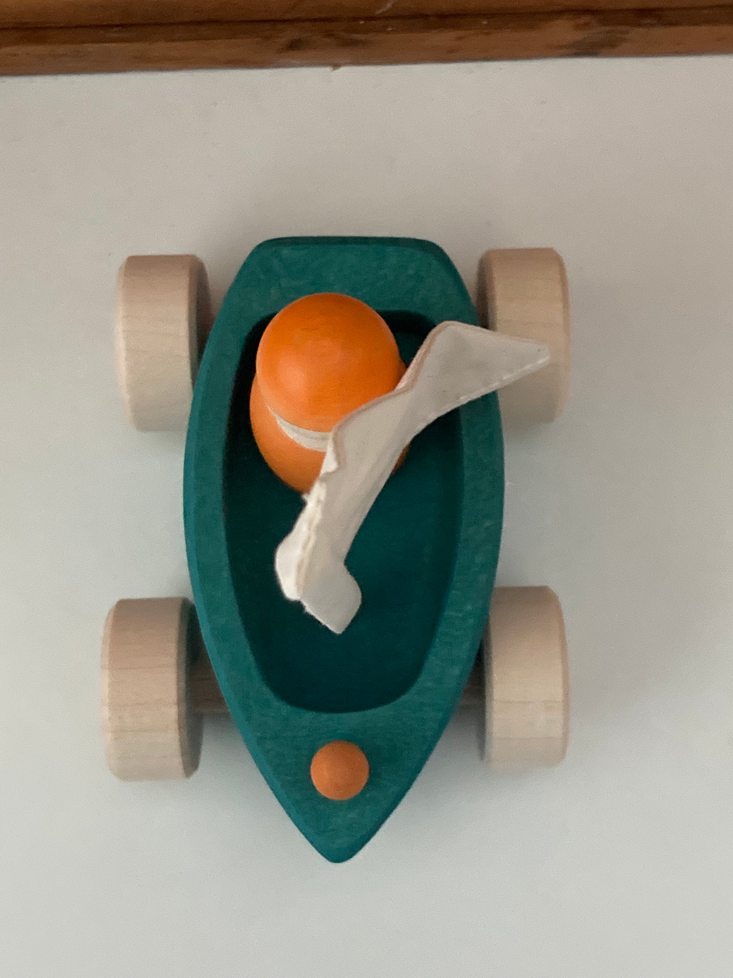 Wooden Toy - SAILBOAT in EVERGREEN and SKIPPER in ORANGE… on wheels!