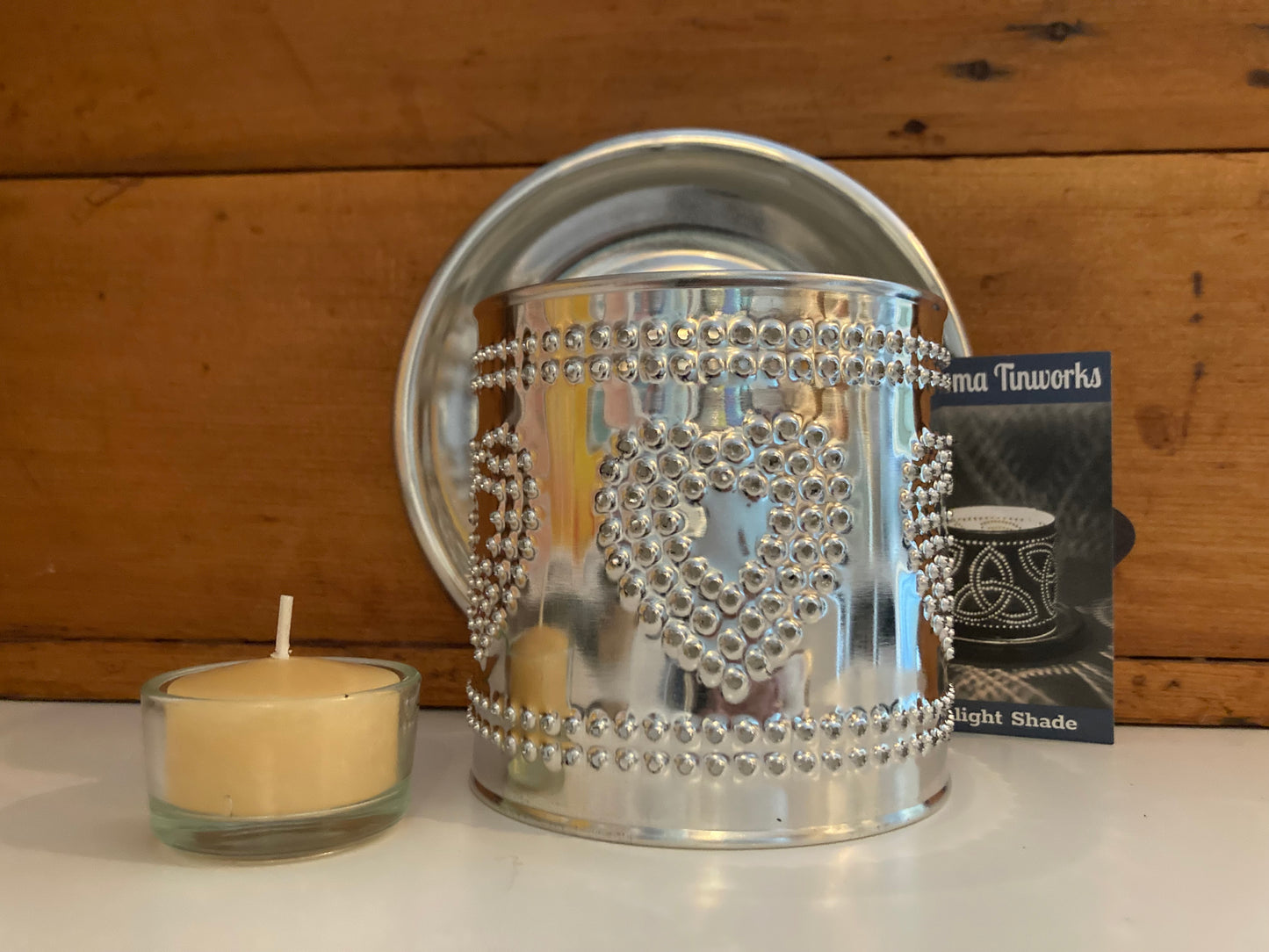 EcoHome - Pierced Tin HEART CANDLE SHADE with Beeswax Tea Light Candle