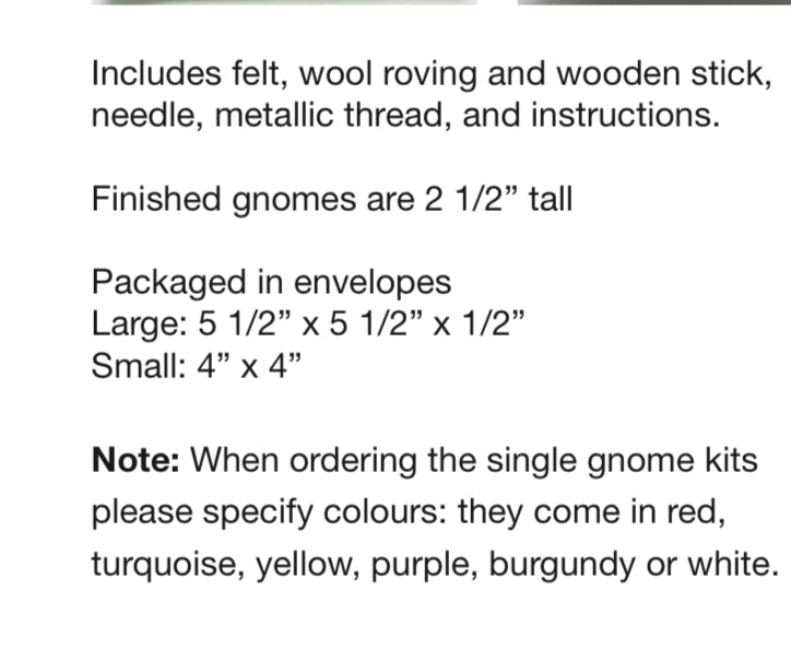 Crafting Kits - Felt GNOMES , makes 1 Gnome in a choice of 6 colours!