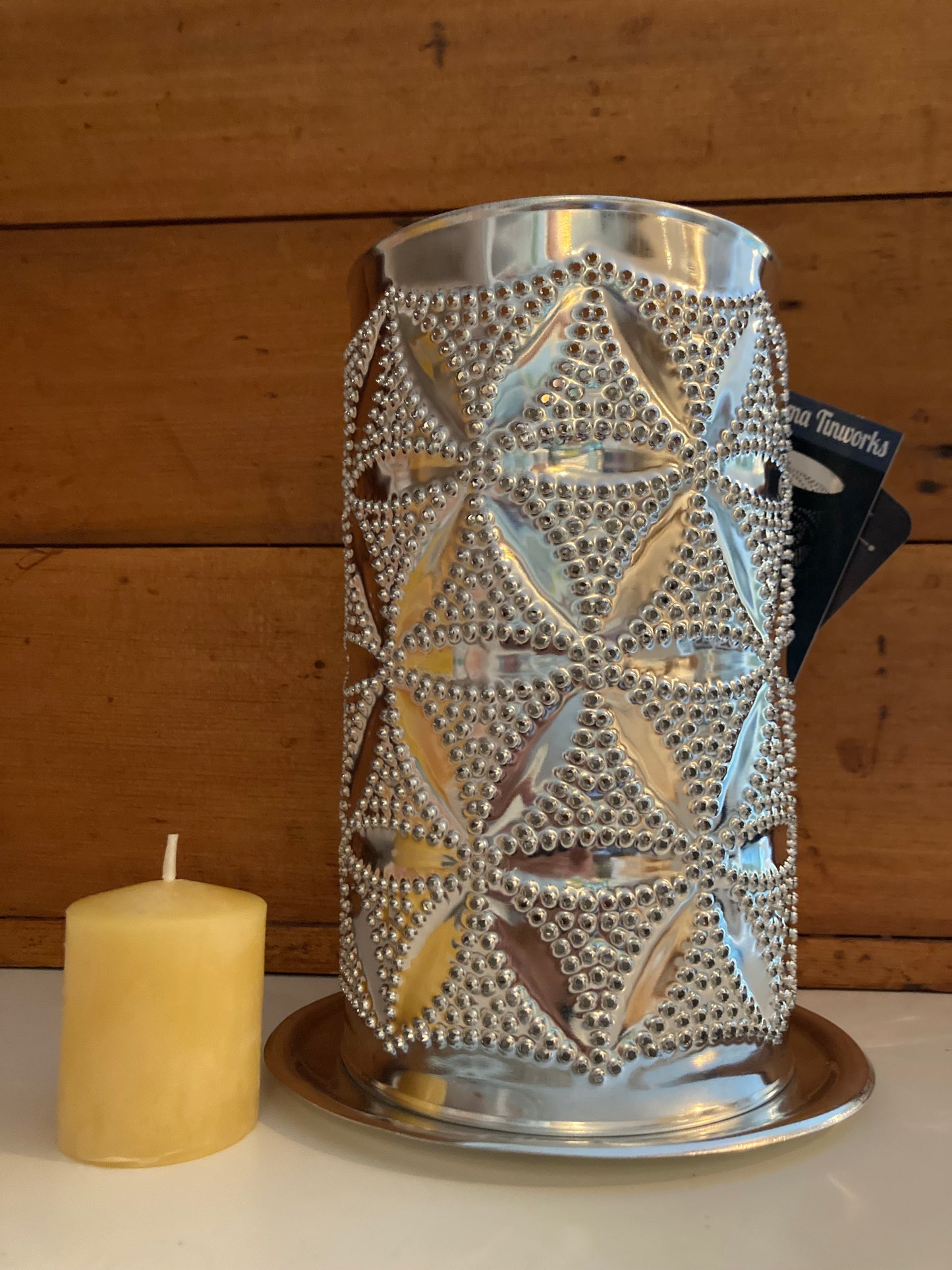EcoHome - Pierced Tin CIRCLE OF LIFE CANDLE SHADE with Beeswax Votive Candle