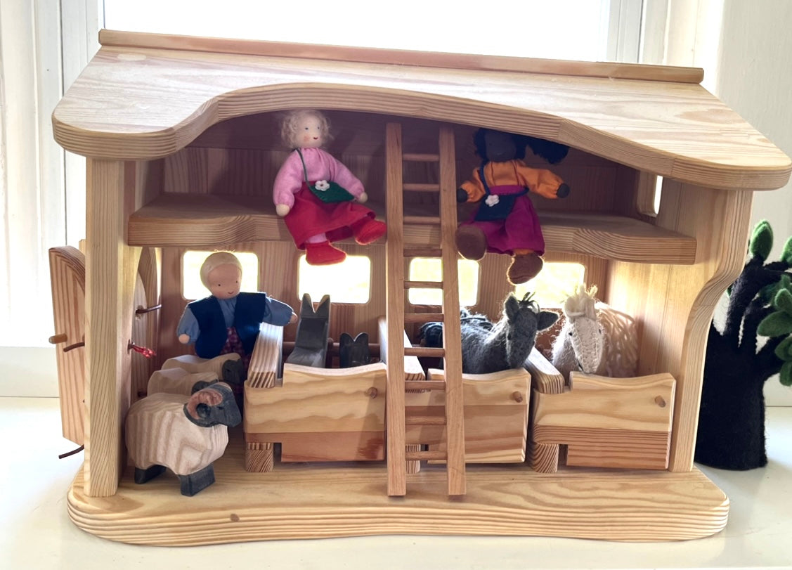 Wooden Dollhouse Play - HORSE STABLE BARN, 3 stalls & Hayloft!