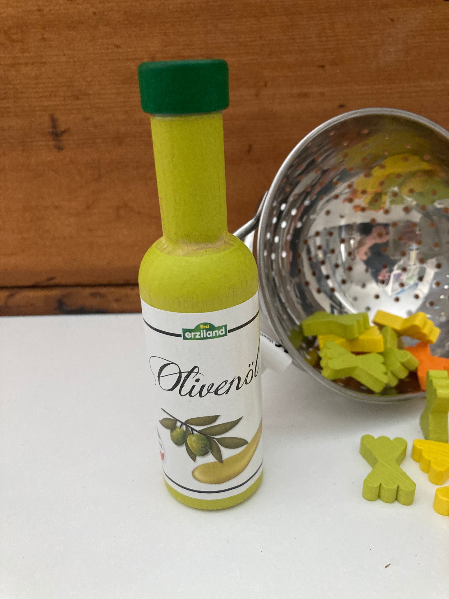 Kitchen Play Food - Wooden OILIVE OIL, in a wooden bottle.