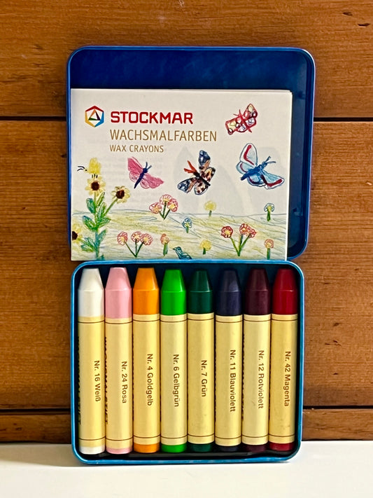 Beeswax, Art - STICK CRAYONS TIN CASE of 8 COLOURS, with WHITE!