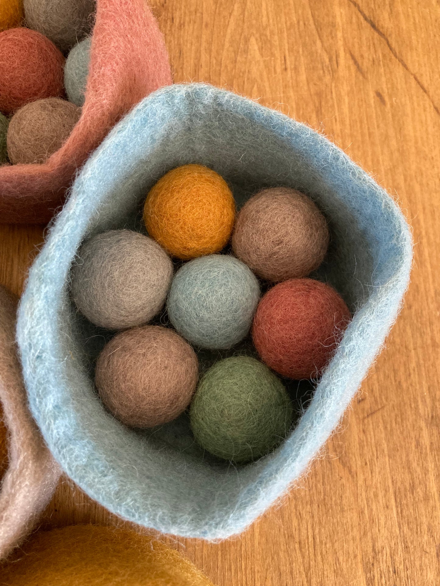 Felted Toys for Baby and Dollhouse Play Set - EARTH TONES WOOL BALLS and FELT BOWL