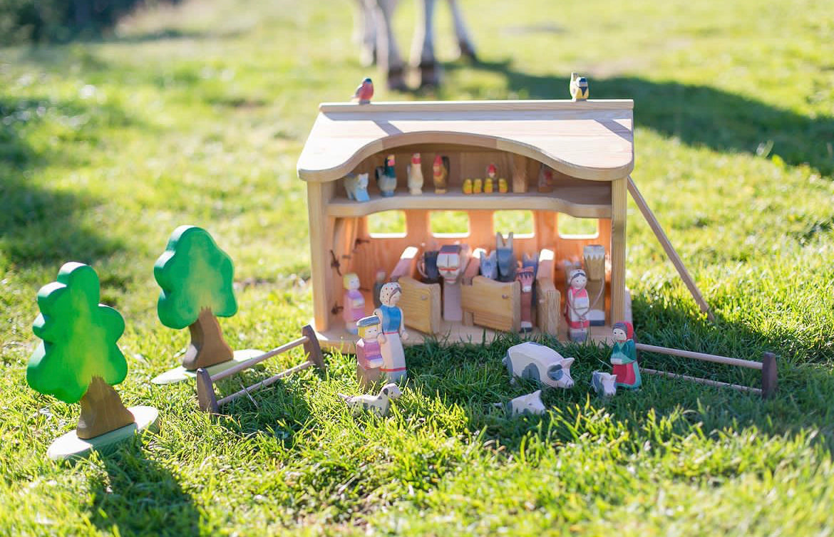 Wooden Dollhouse Play - HORSE STABLE BARN, 3 stalls & Hayloft!