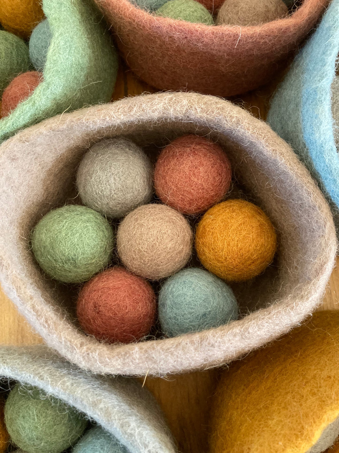Felted Toys for Baby and Dollhouse Play Set - EARTH TONES WOOL BALLS and FELT BOWL