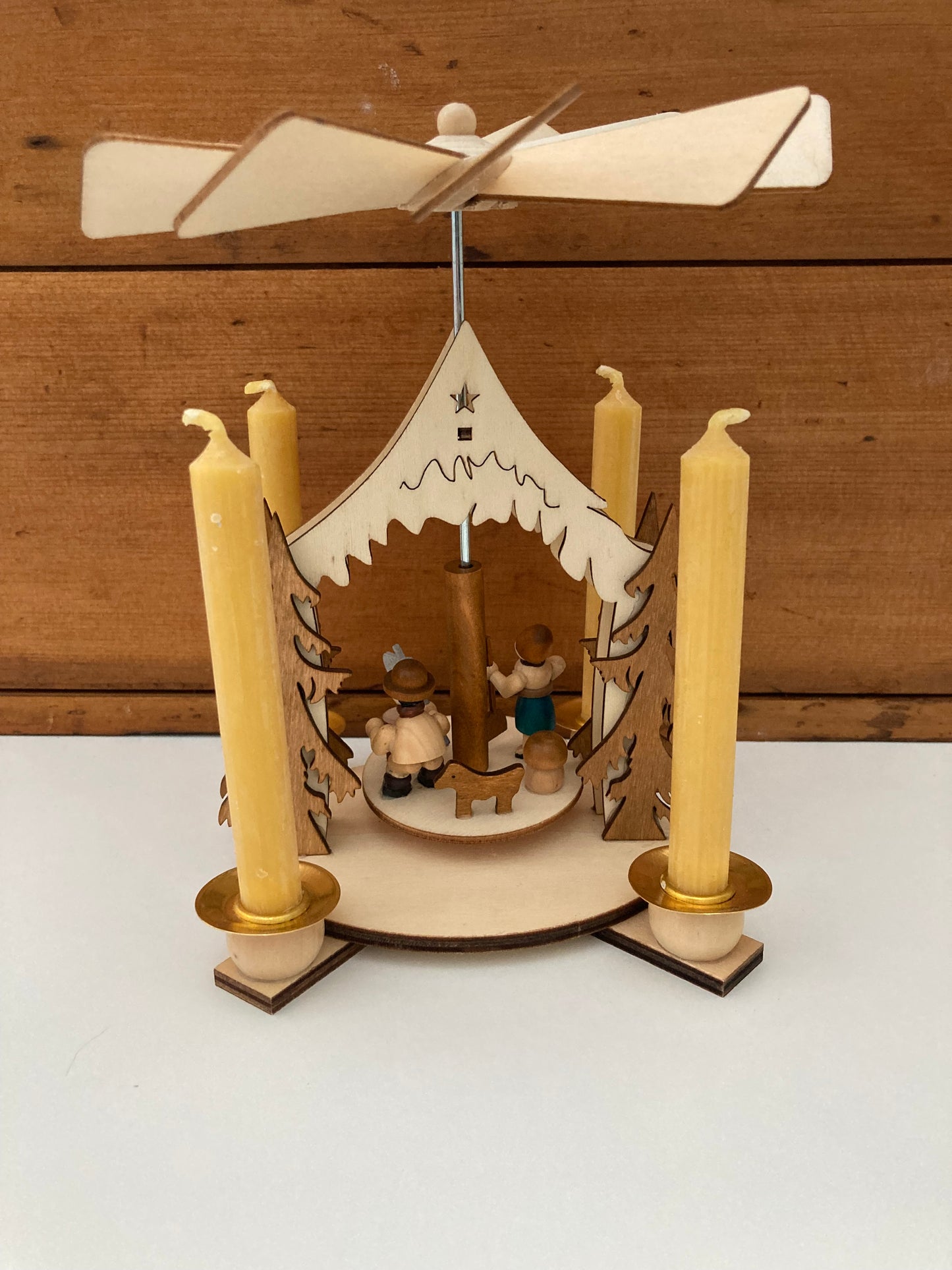 Beeswax Candle Wooden Carousel - WOODCUTTER FAMILY, with 4 Beeswax Candles!