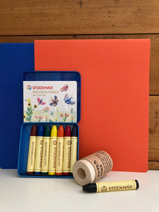 Art Set - TIN of 8 BEESWAX STICK CRAYONS, SHARPENER AND 2 DRAWING BOOKS