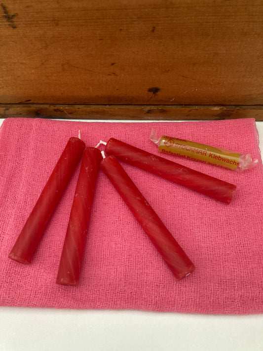 Beeswax Candles - 4 small RED CANDLES and Sticky Wax (10cm/4 inches)