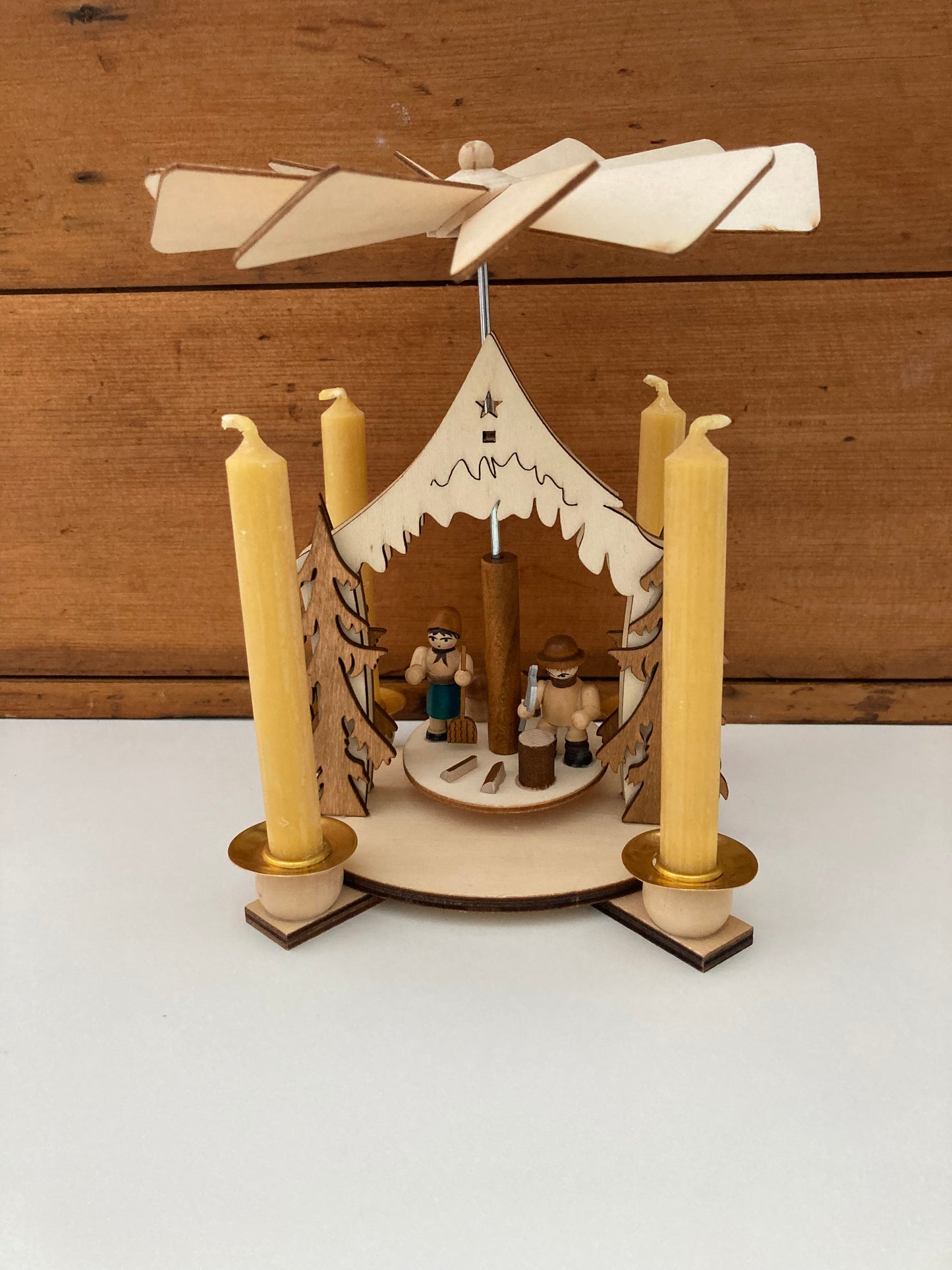 Beeswax Candle Wooden Carousel - WOODCUTTER FAMILY, with 4 Beeswax Candles!