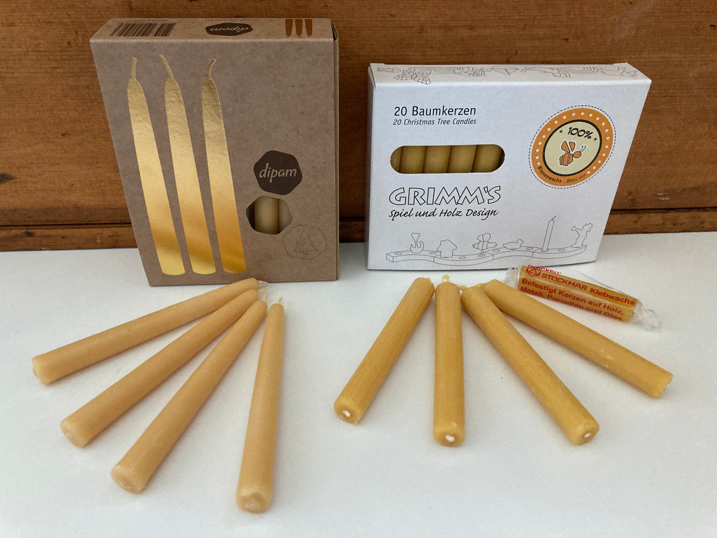 Wooden Deco by Grimm’s - Small BEESWAX CANDLES for Advent Spiral & Birthday Ring (Box of 20 candles and Sticky Wax)